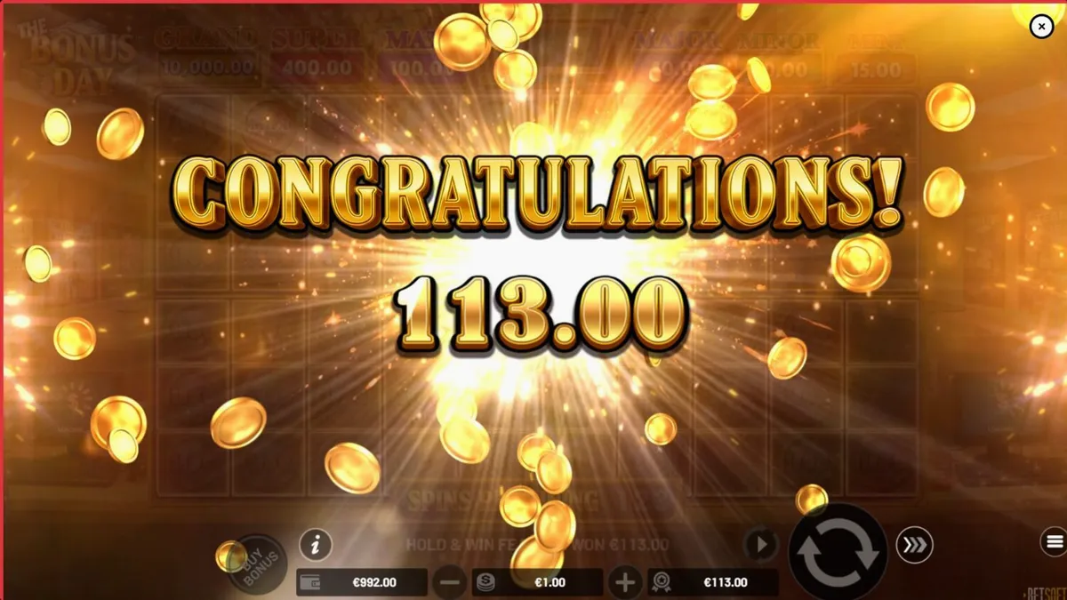 The Bonus Day slot machine interface featuring office-themed symbols and characters.