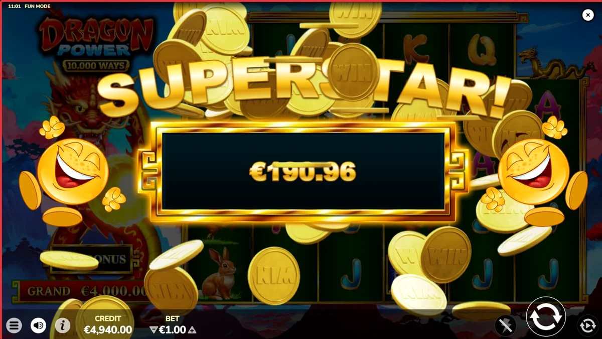 Isang makulay na slot machine na nagtatampok ng mga dragon at gintong orbs sa Dragon Power 10,000 Ways.